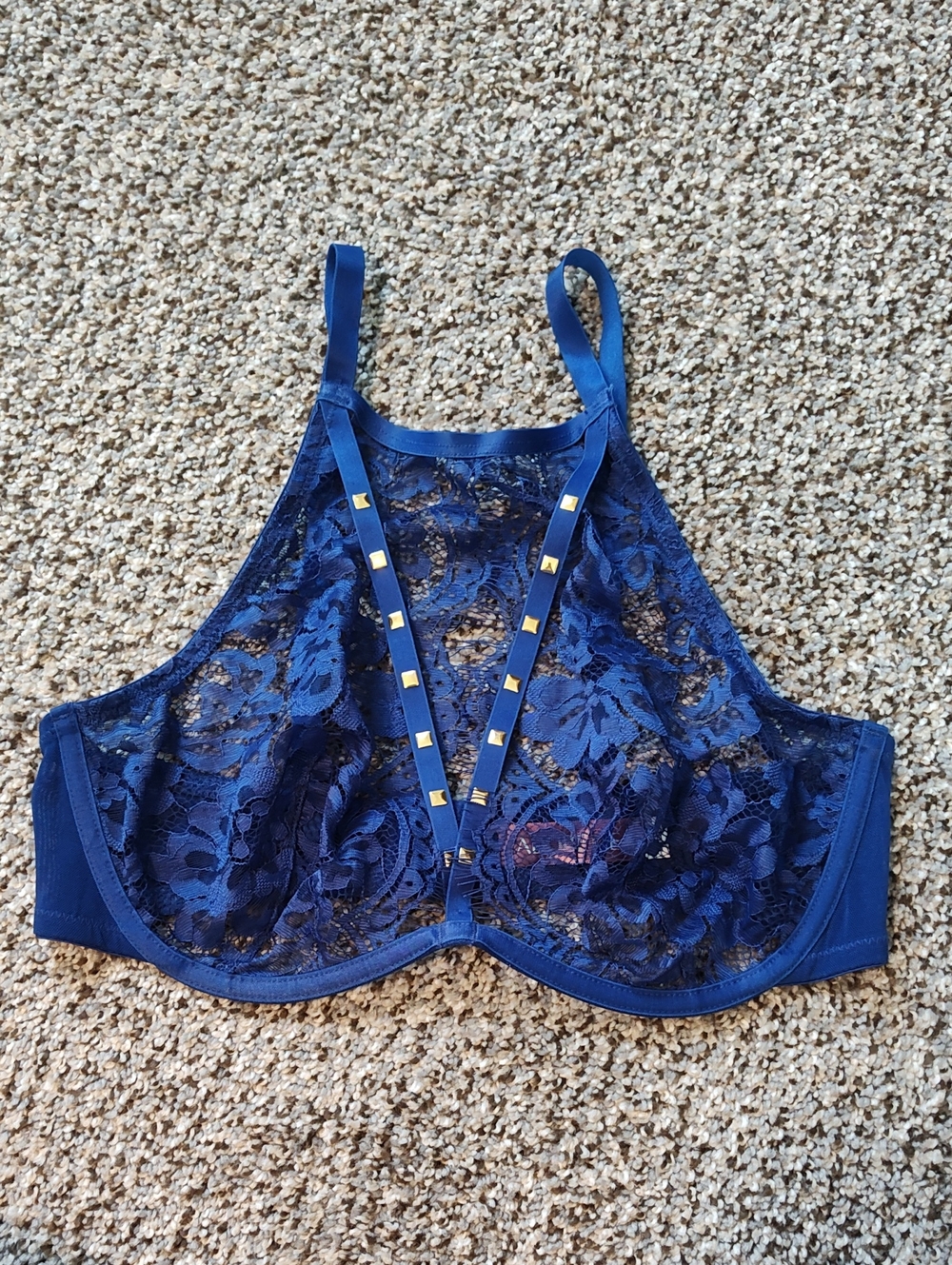 Adore Me Navy Lace High-Neck Bralette with Gold Studs